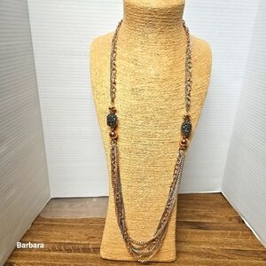 Multi-Chain Opera Length Necklace with Black Rhinestone Cluster Accents